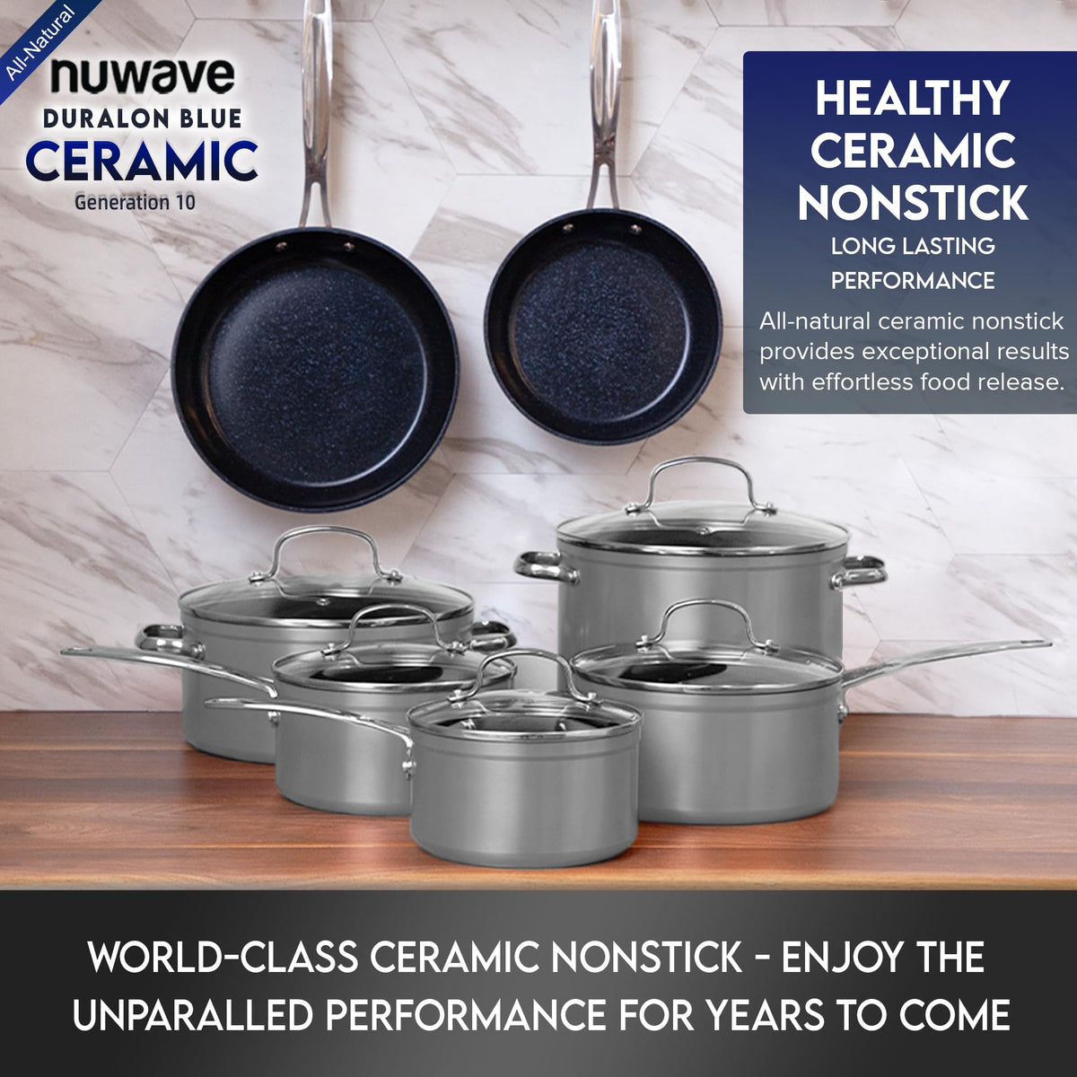 Nuwave Healthy Duralon Blue Ceramic Nonstick Cookware Set, Diamond Infused Scratch-Resistant, PFAS Free, Dishwasher & Oven Safe, Induction Ready & Evenly Heats, Tempered Glass Lids & Stay-Cool Handles