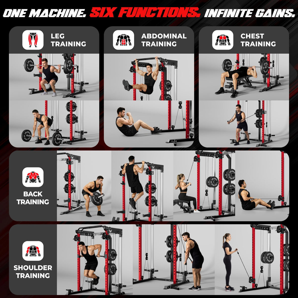 JELENS C21 Power Cage, 2000LBS Multi-Function Power Rack with Independent Dual Pulley System, All-in-One Squat Rack for Cable Crossover, Home Gym Workout Machine (Red,140LBS Black)
