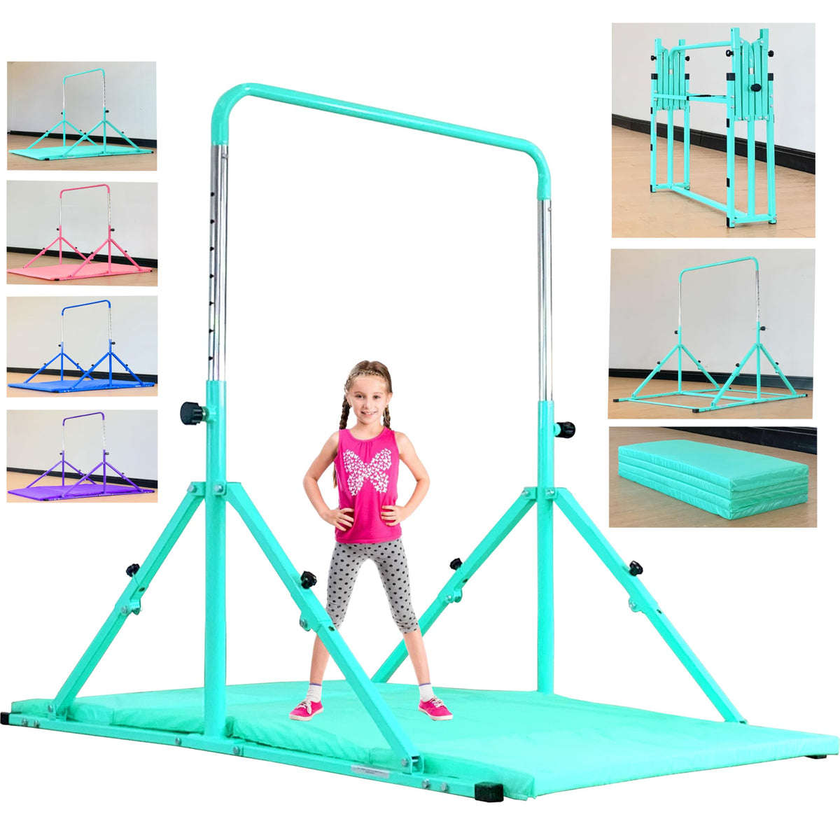 MARFULA Foldable Gymnastic Bar for Kids Ages 3-12, 9 Height Levels, 200 lbs Weight Capacity, 5 Ft Length Gymnastic Kip Bar with Mat, Gymnastic Equipment for Home and Gym Center Indoor Outdoor Use