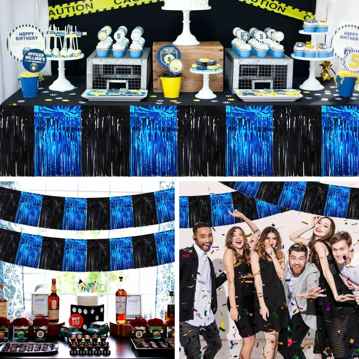 BEISHIDA 3 Packs Metallic Foil Fringe Garland Black Blue Wall Hanging Tinsel Fringe Banners for Car Floats Bridal Shower Wedding Birthday Easter Graduation Holiday Party Decoration(30 Feet)