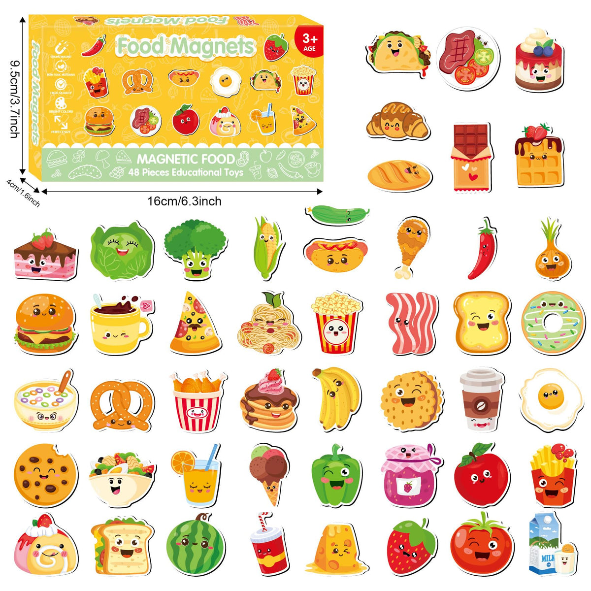 Fecheche Large Size Cute Fridge Magnets for Toddlers, Preschool Spelling Learning Education Refrigerador Magnetic Toy (Foods 48pcs)