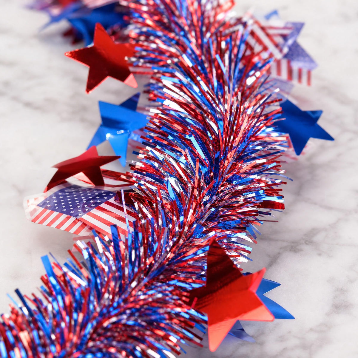 LKBBC 4th of July Tinsel Garland, 52.5 Ft Patriotic Red, White, and Blue Sparkly Glitter Star Flags Metallic Garlands Home Garden Tree Decorations for Independence &Memorial Day