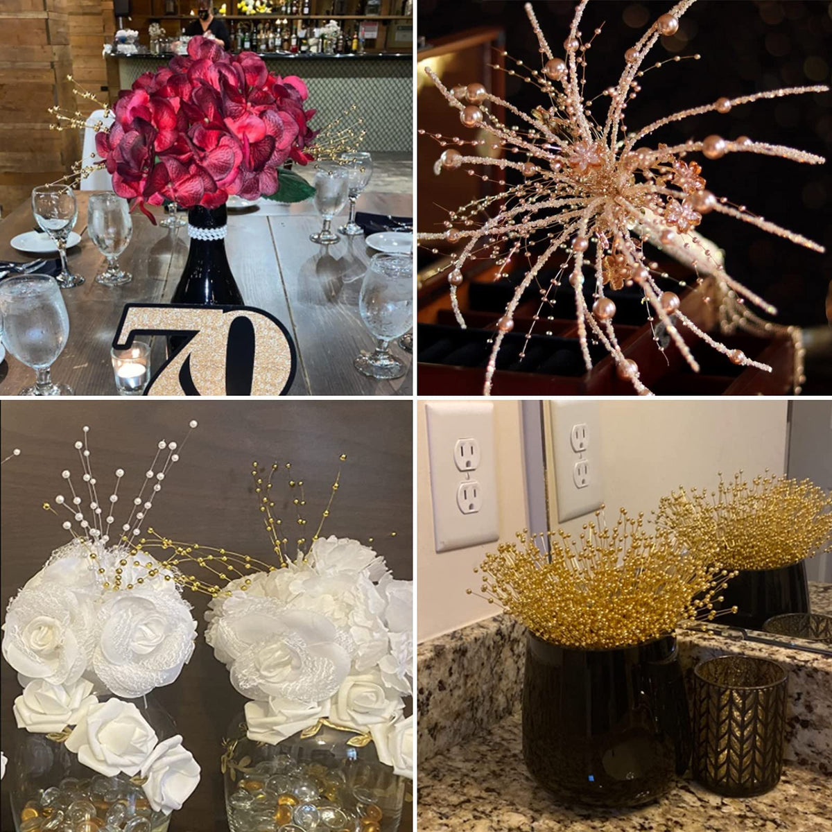 50pcs Beaded Stick Bride Wedding Pearl Bouquet Party Decoration, Christmas Decorations, 4mm Pearl Bouquet Christmas Flower, Christmas Tree Picks and Sprays (Gold)