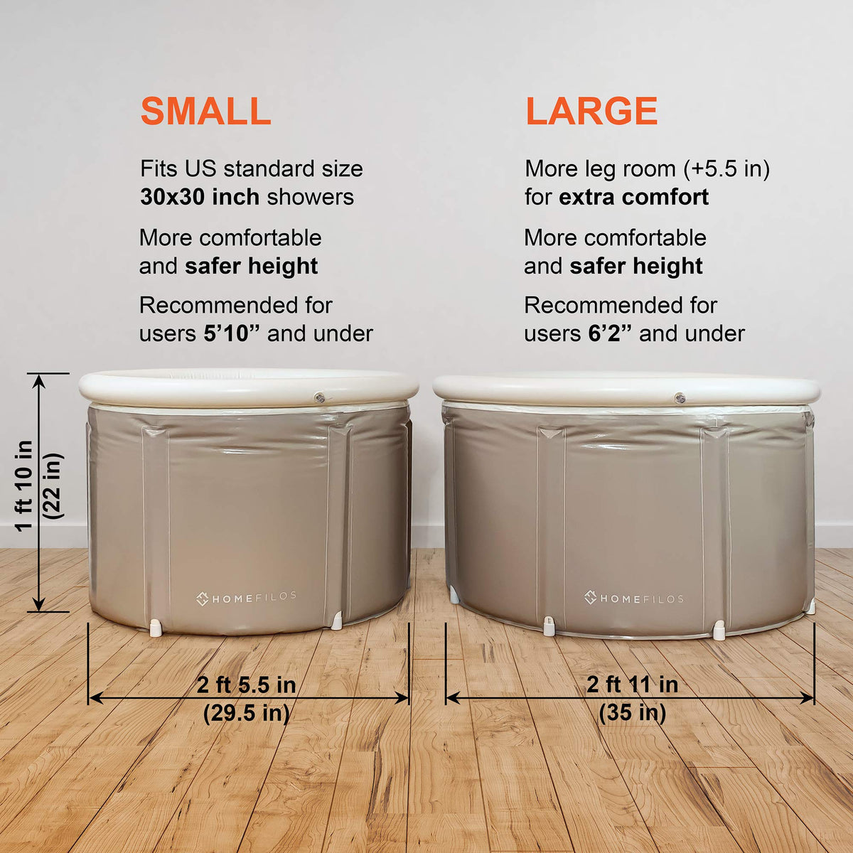 Portable Bathtub (Small) by Homefilos, Ice Bath and Cold Plunge for Athletes, Inflatable Adult Size Japanese Soaking Hot Tub for Shower Stall