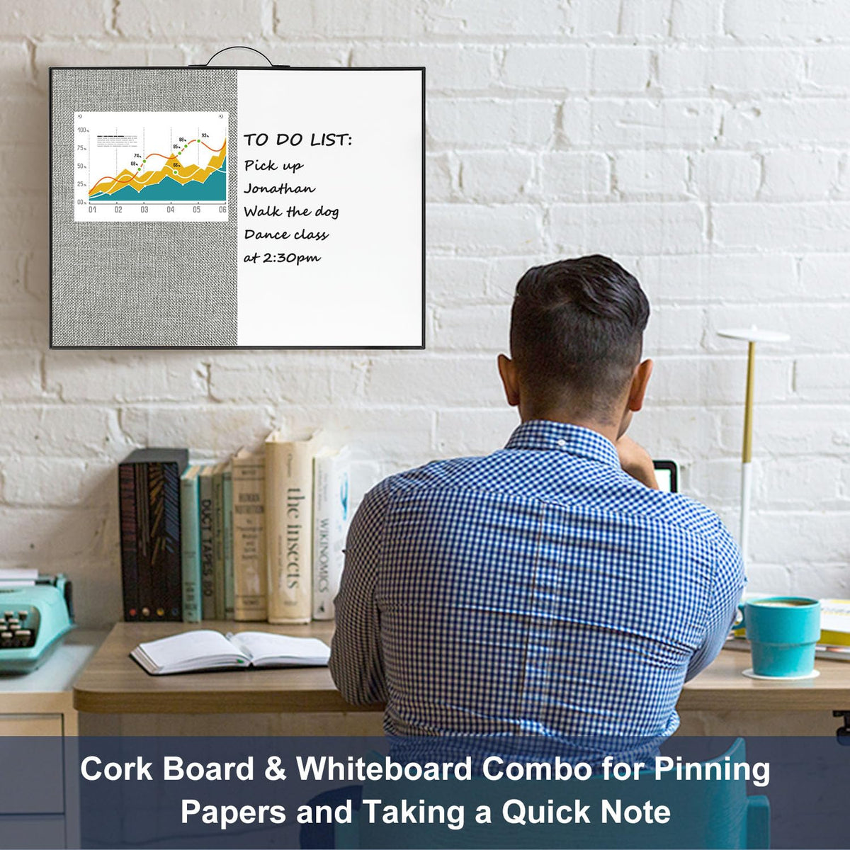 Small White Board Cork-Board Combo - 16 X 12 inches Gray Linen Board & Magnetic Dry Erase Board for Wall, Mini Bulletin Cork Board with Holder for Office, Home and School