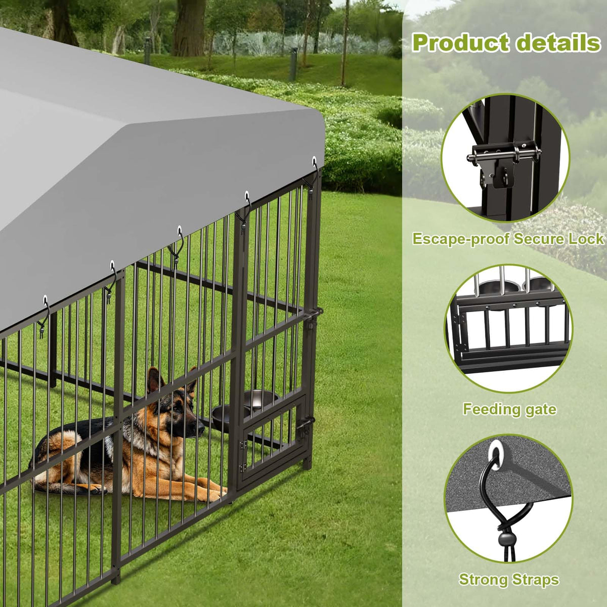 10 x 10FT Large Dog Kennel, Heavy Duty Metal Outdoor Dog Kennel, Outside Dog Playpen with Roof & Feeding Door