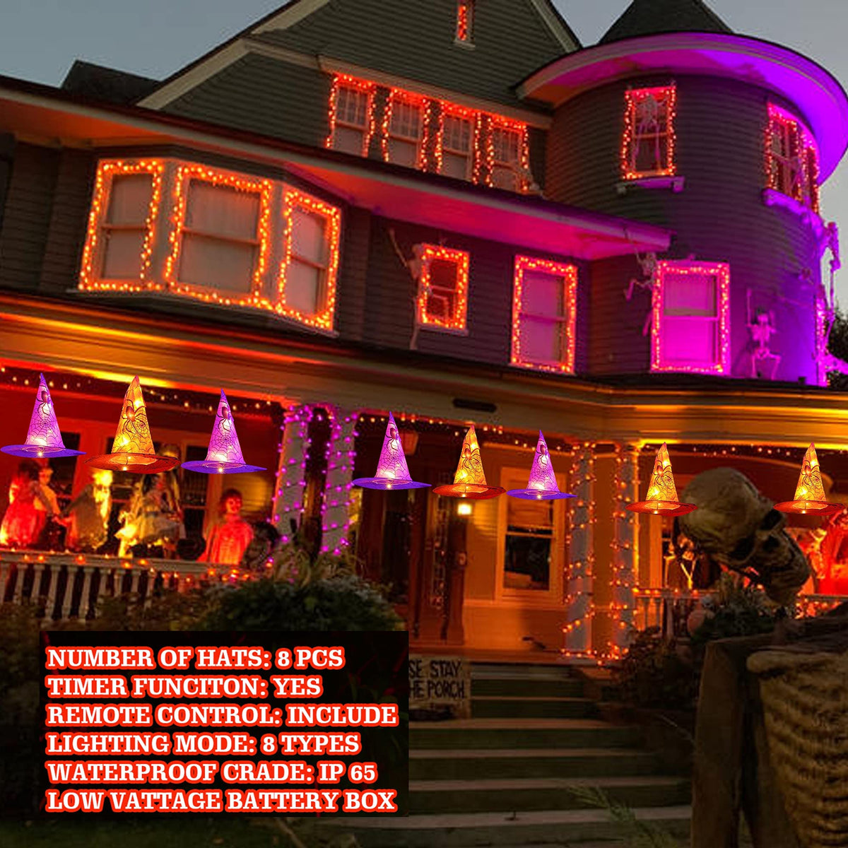 Dazzle Bright 8 Pcs Hanging Witch Hat String Lights, Light Up Waterproof Halloween Decorations with Remote Control for Outdoor Garden Party Carnival Supplies Decor