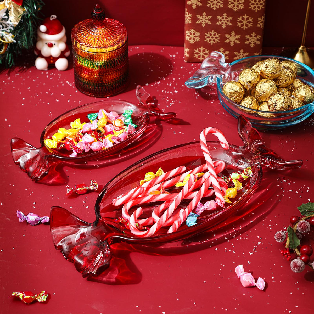 USmagically Christmas Candy Glass Plate, Christmas Theme Serving Tray for Holiday Desserts, Cookies & Candy Display, Festive Party Bowl, Green Xmas Decorations Small