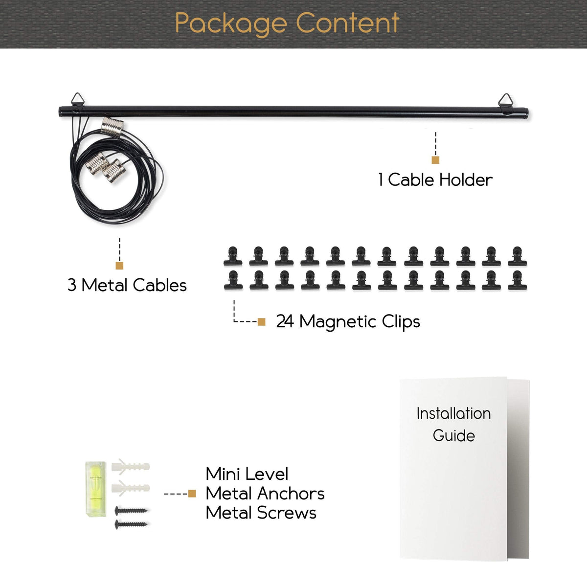 You Have Space WAJER Picture Hanging Kit with 24 Magnetic Clips for Pictures, Polaroids, Kids Crafts and Artwork, Metal Black