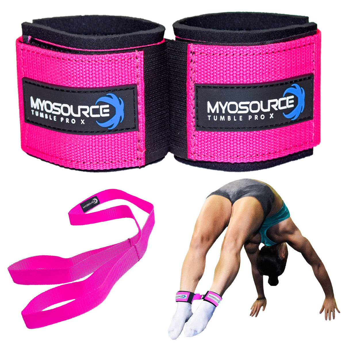Myosource Kinetic Bands Tumble Pro X Ankle Straps Kit – Cheerleading Standing Tumbling Equipment, Gymnastics Backhandspring Trainer – Includes Flexibility Stunt Stretch Strap – Pink