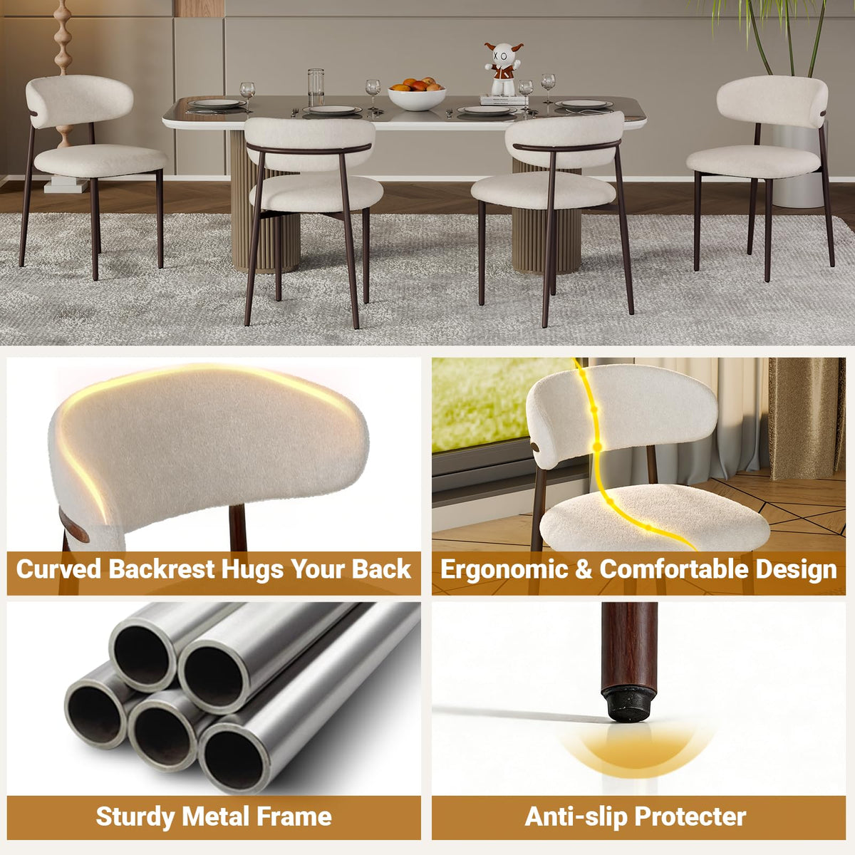 POLE SPACE Morden Dining Chairs Set of 4, Upholstered Fabric Kitchen Side Chairs with Dark Walnut Metal Legs, Indoor Dining Room Chairs for Patio, Dining Room, Backyard Heat Resistant