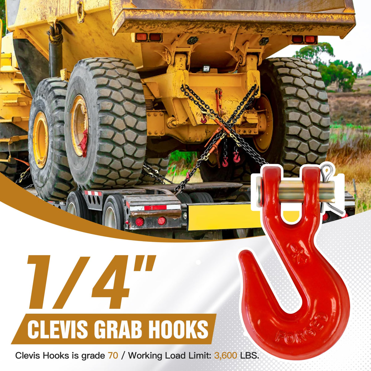 1/4" Clevis Grab Hooks 4 Pack – Heavy Duty G70 Hooks for 1/4" Chain, Red Powder Coated Forged Steel, for Truck, Trailer, Flatbed, Tow, Farm Use – 3,600 lbs WLL