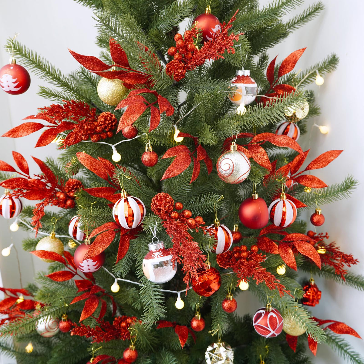 Winlyn 24 Pcs Christmas Artificial Leaf Sprays Pine Needles Pinecone Berries Stems Red Glittered Christmas Decoration Picks 12.2"- 14.2" Tall for Red Christmas Tree Wreaths Seasonal Floral Arrangement