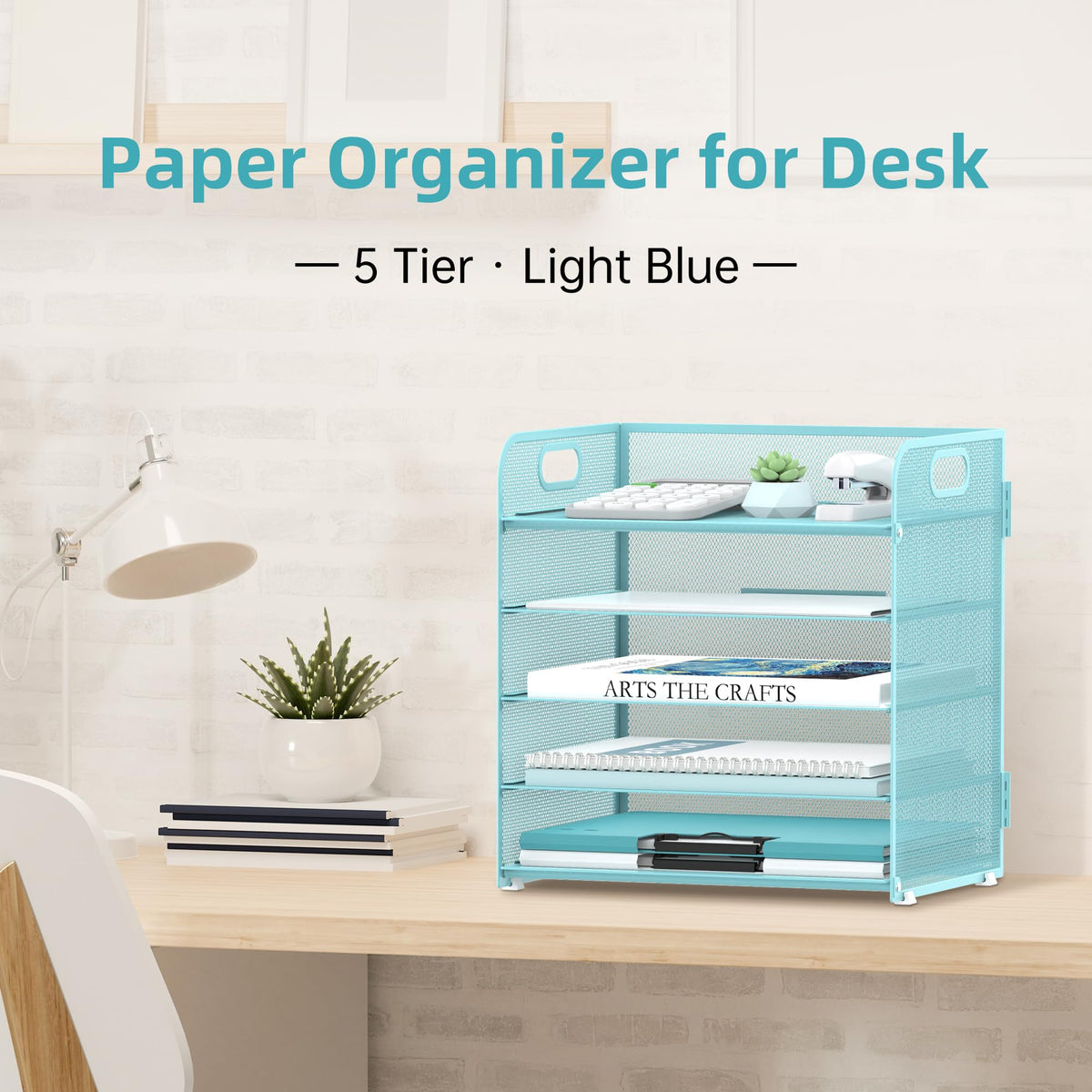 Supeasy 5 Trays Paper Organizer Letter Tray with Handle-Mesh Desk File Organizer, Paper Sorter Desk Organizer for Office, Home or School (Light Blue)