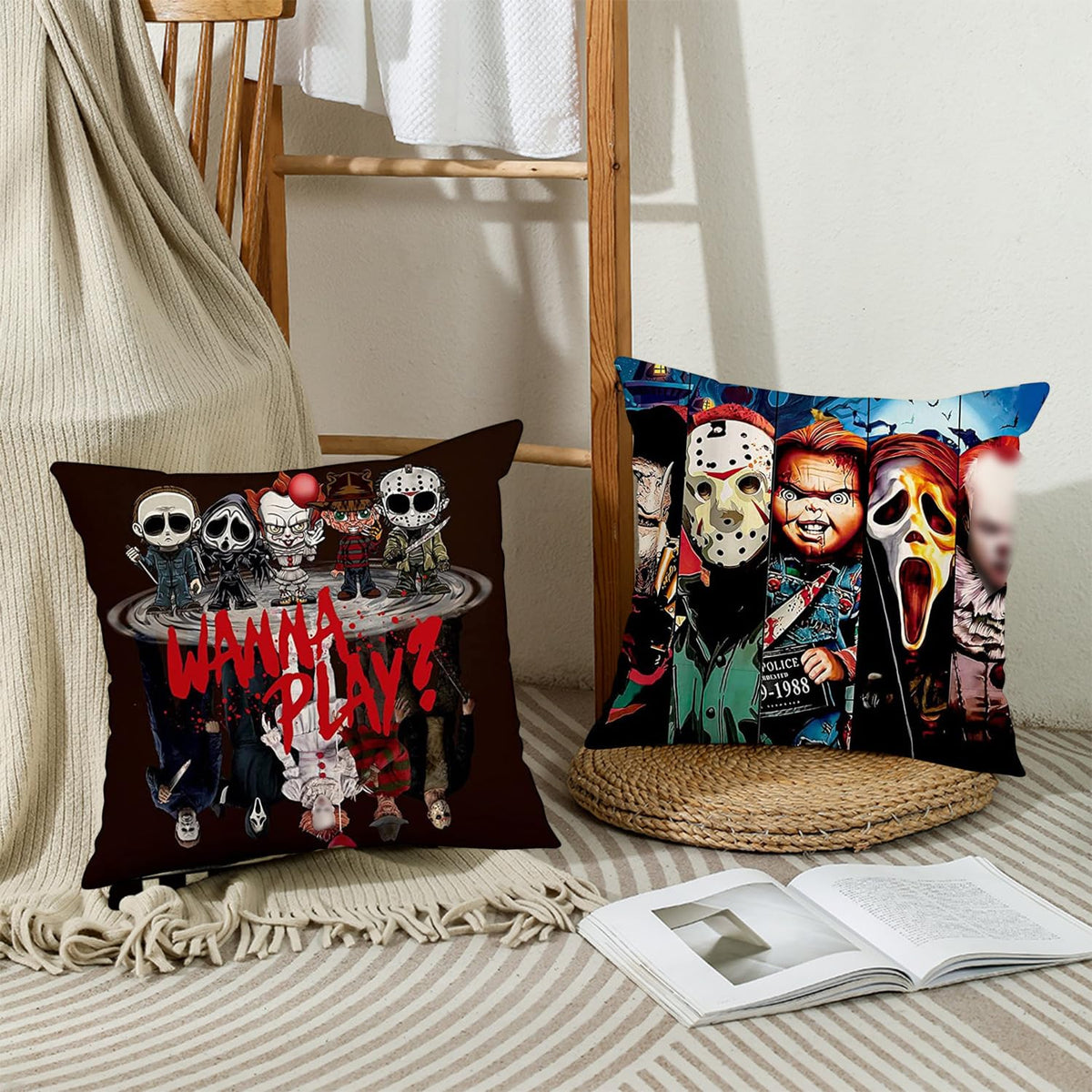 Generic Set of 4 Linen Throw Pillow Covers Halloween Pillow Case Horror Movie Character Halloween Pillow Covers Funny Holiday Home Decoration for Sofa Couch Bed Living Room Car Bedroom Bar Cafes
