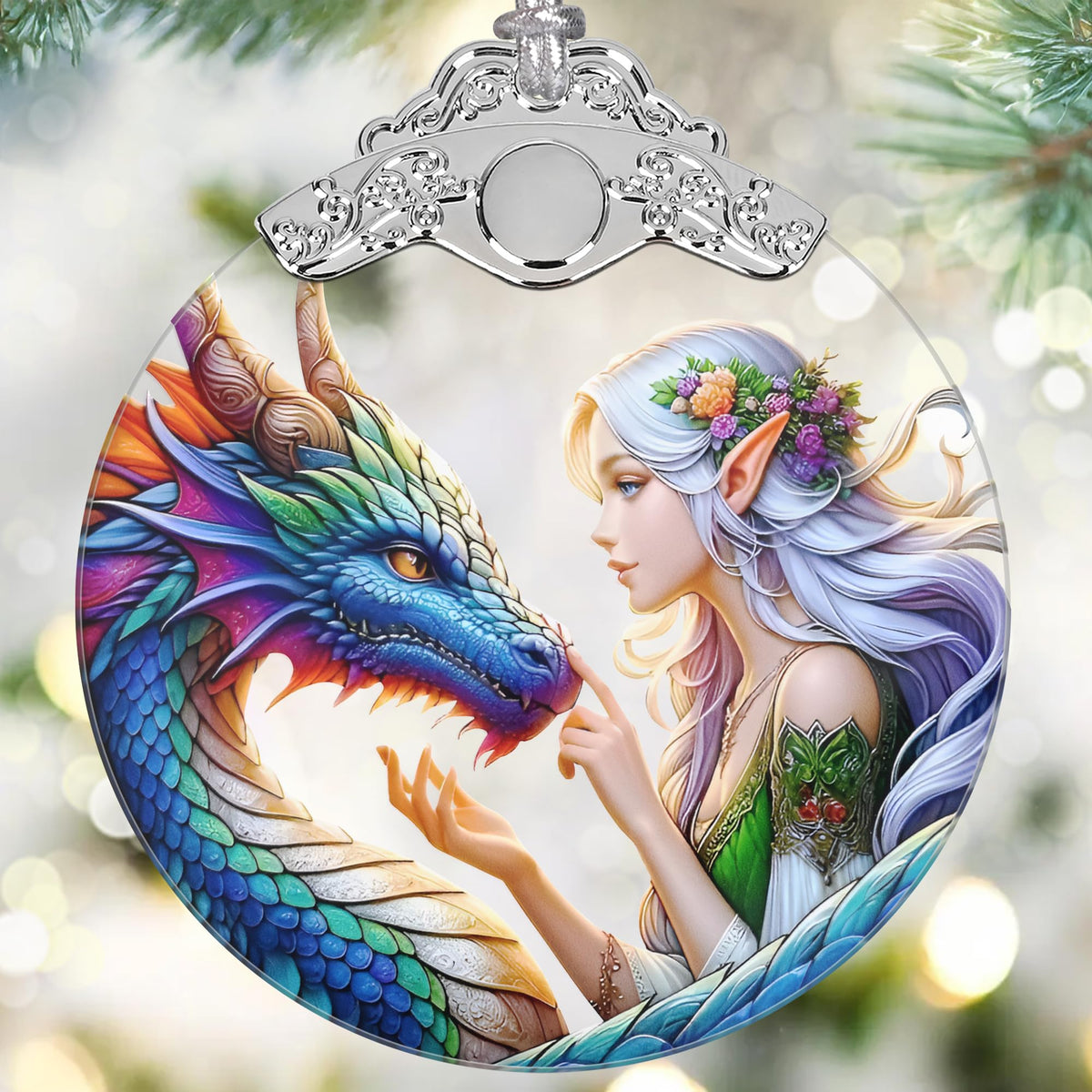 Jocidea Enchanted Elf & Dragon Christmas Ornament - Stained Glass Hanging Decor - Tree Decoration - Gift for Friends, Sisters