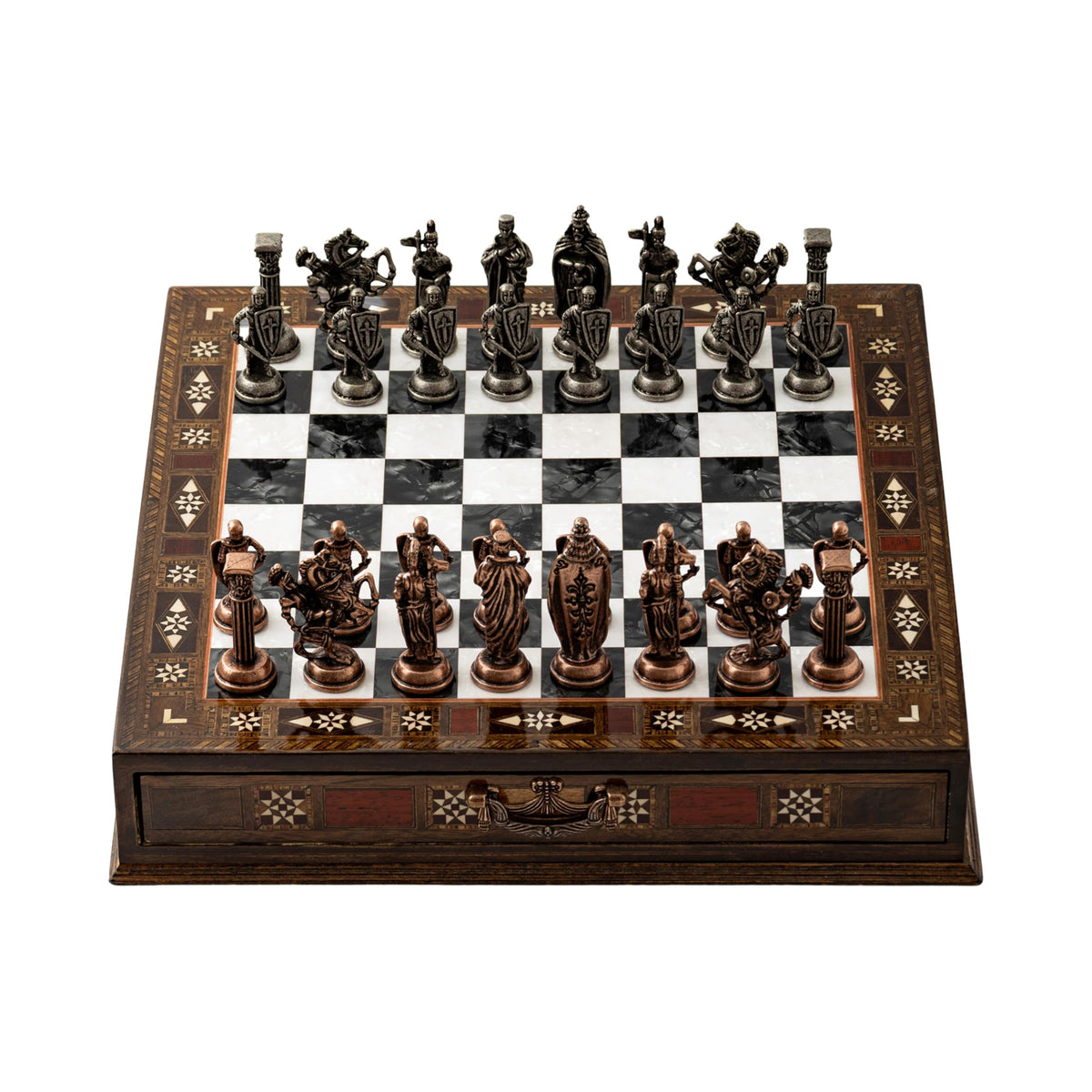 15’’ Handmade Wooden Chess Set with British Army Metal Pieces – Luxury Storage Board – Gift for Adults, Fathers & Collectors, Gift for Him (Black)