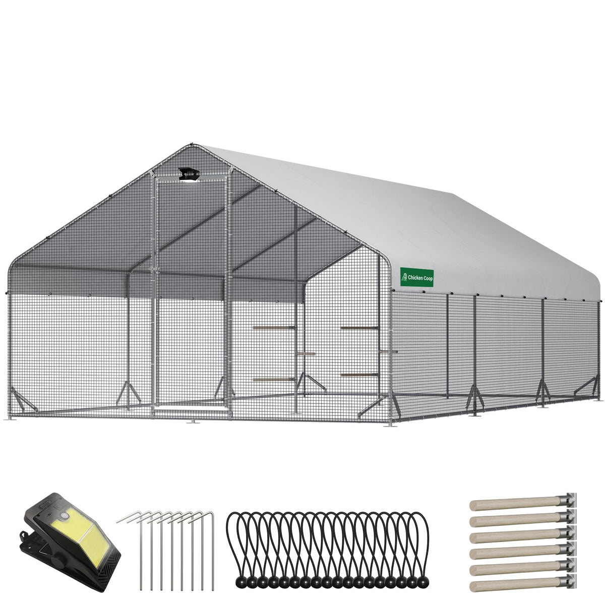 Large Walk-in Metal Chicken Coop with Chicken Run & Hardware Cloth, Solar Light, Waterproof & UV-Resistant Cover, Outdoor Poultry Cage for Farm Use, 3 Room