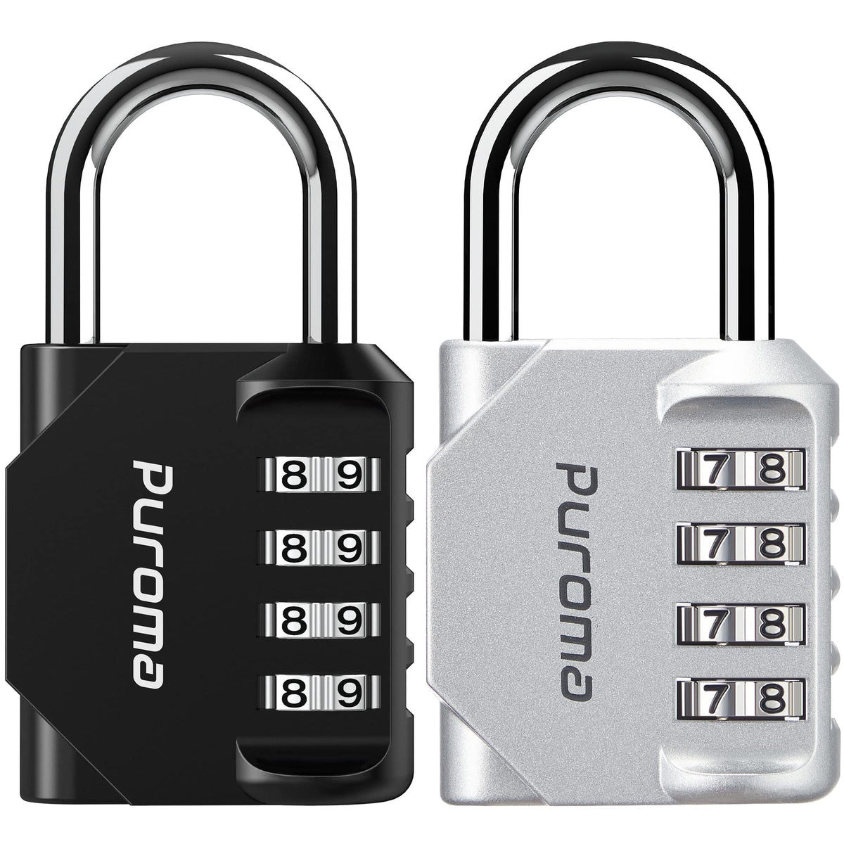 Puroma 2 Pack Combination Lock for Locker 4 Digit Outdoor Waterproof Padlock for School, Gym, Sports, Fence, Toolbox, Gate, Case, Outdoor, Hasp Storage (Silver & Black)