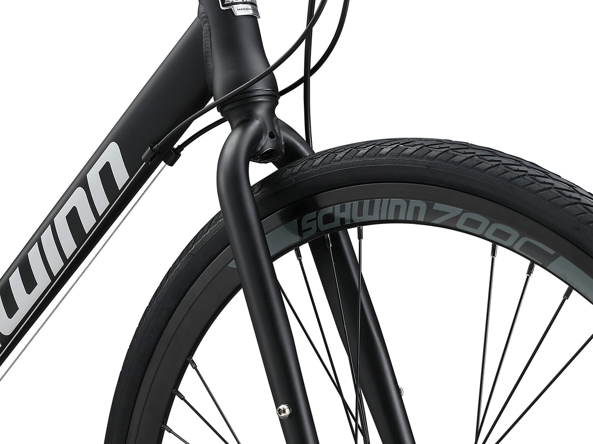 Schwinn Volare 1500 Flat Bar Hybrid Sports Road Bike, Men and Women, 24-Speed, 700c Wheels, 18.5-Inch Aluminum Frame, Mechanical Disc Brakes, Blue/Black
