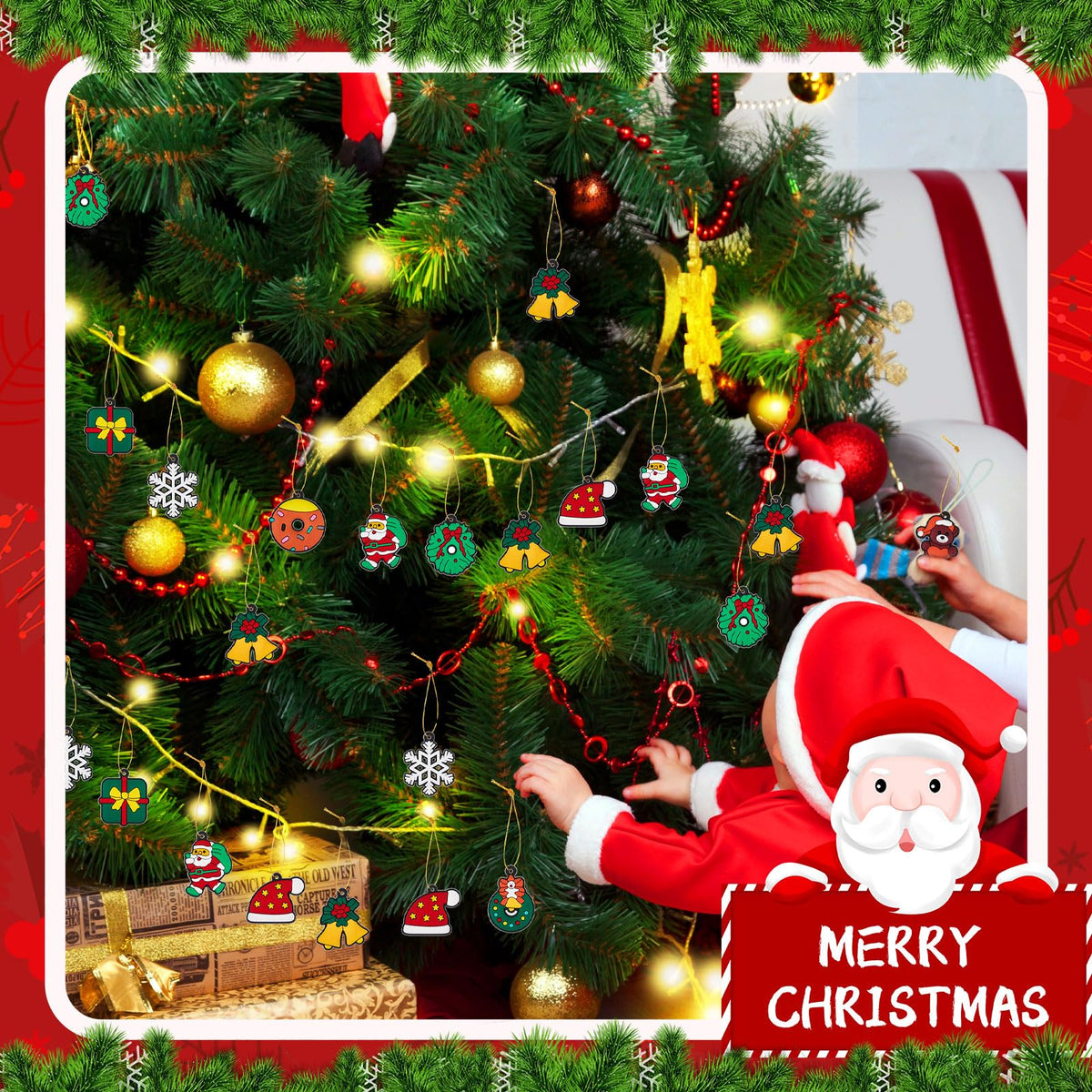 Syhood 63 Pcs Mini Christmas Tree Ornaments Set Decoration Gadget Small Skirt Star Topper Miniature Hanging Ornament with Light for Holiday Xmas