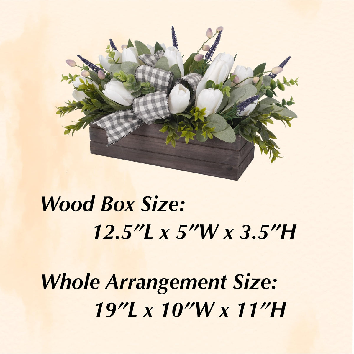 Spring Table Decor Faux White Tulips Arrangement, Spring Easter Tabletop Floral Centerpiece, Artificial Tulip Lavender Eucalyptus Boxwood and Bow in Rectangular Wood Box for Home Decoration, 14in