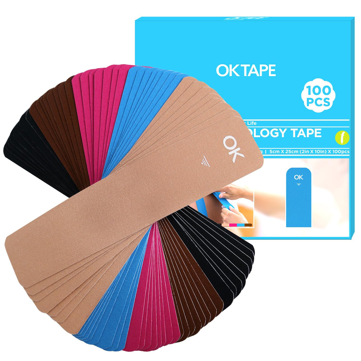 OK TAPE 100Pcs Precut Kinesiology Tape Strips, Elastic Athletic Tape for Joints Support & Muscle Pain Relief, Waterproof, Kinetic Tape for Shoulder, Knee, Ankle (5 Colors, 2 inch x 10 inch)