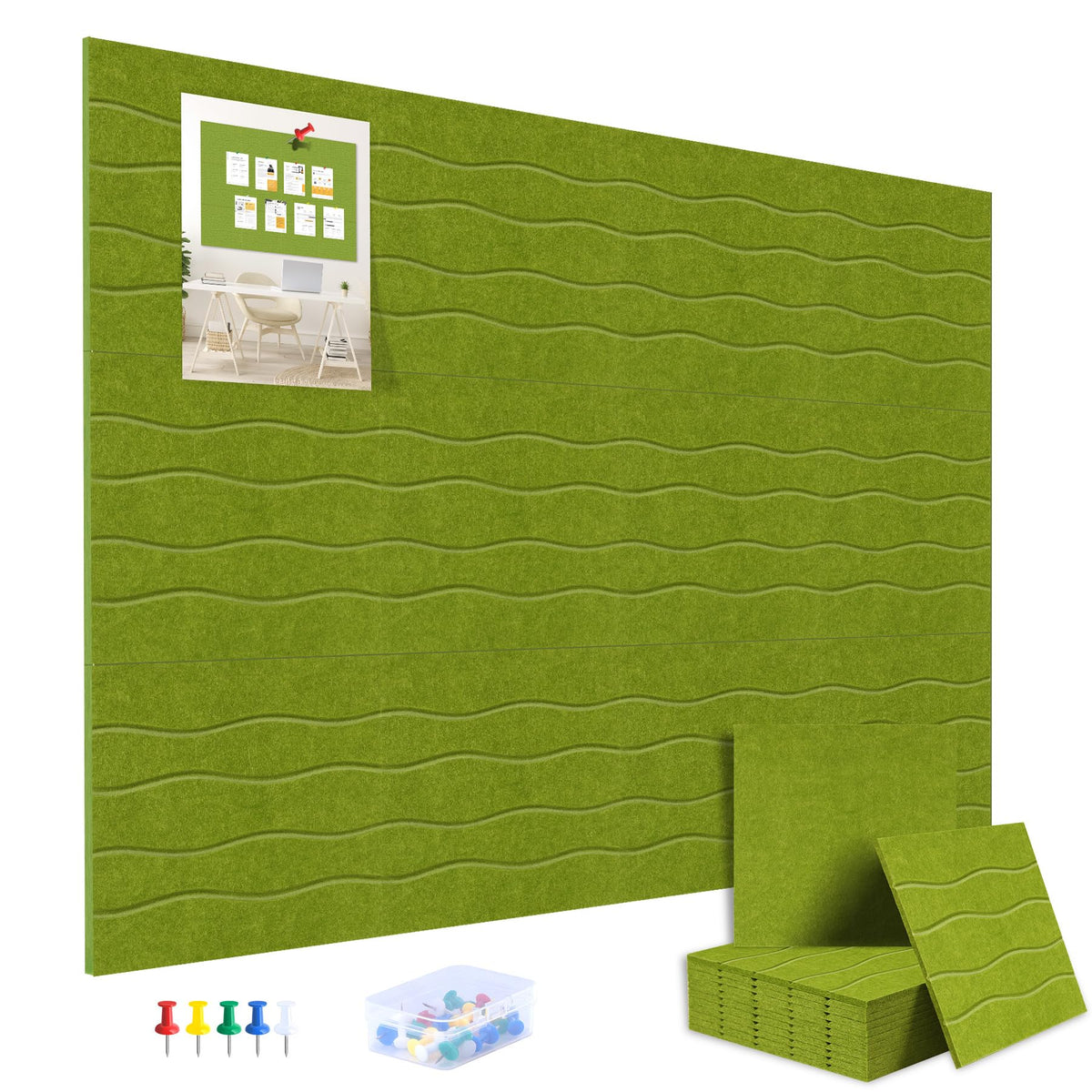 AKONEGE Felt Bulletin Board Tiles 12 Pack, 48" x 36" Cork Board Alternative, DIY Pin Board Wall Tiles for Photo Wall, Vision Board, Room & Home Office Decor, Stick-On with Adhesive Tabs, Forest Green