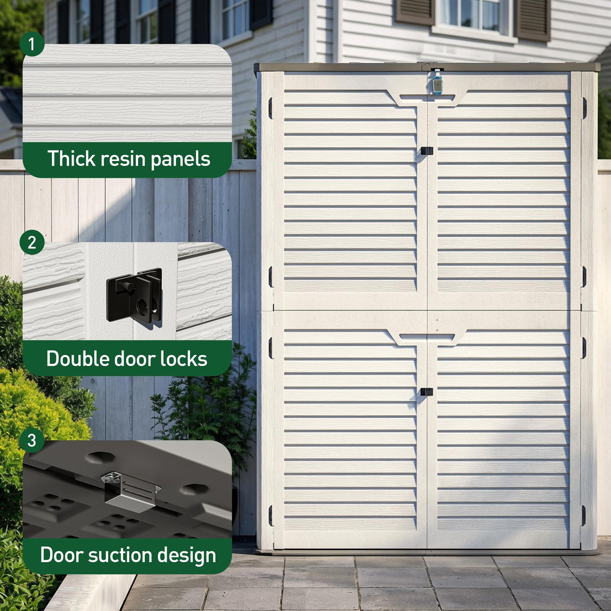WillowLume 65 Cu.Ft Outdoor Storage Shed, Lockable Outdoor Vertical Resin Storage Cabinet with Floor, All-Weather Waterproof Shed for Garden, Backyard, Pool (65 cu ft - Shelf Kit)