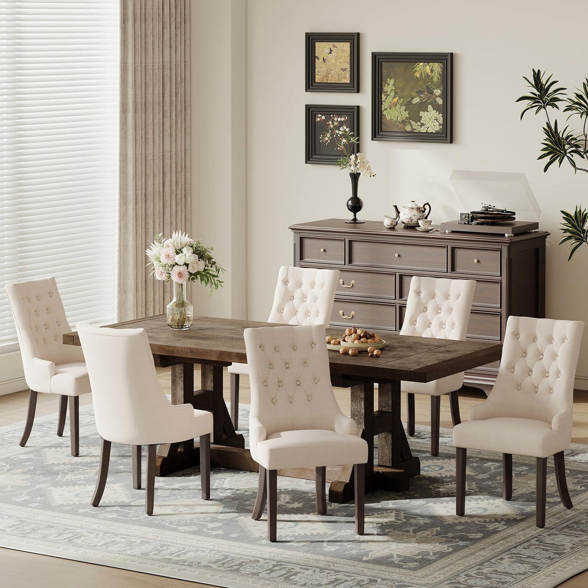 COLAMY Wingback Upholstered Dining Chairs Set of 6, Fabric Side Dining Room Chairs with Tufted Button, Living Room Chairs for Home Kitchen Resturant- Beige