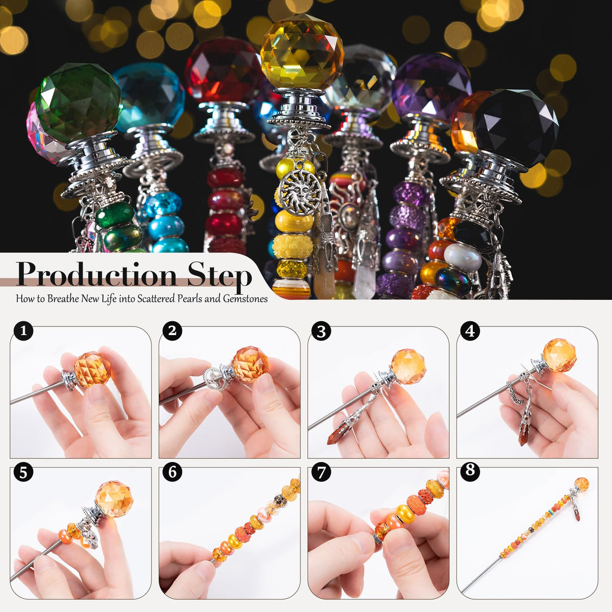 260 Pcs DIY Beaded Garden Stakes, Fairy Wand 10-Pack Garden Decorative Kit with Healing Crystal Pendant, 12in Threaded Rods, Crystal Diamond Tops, for Spring Garden Outdoor&Indoor Decorations