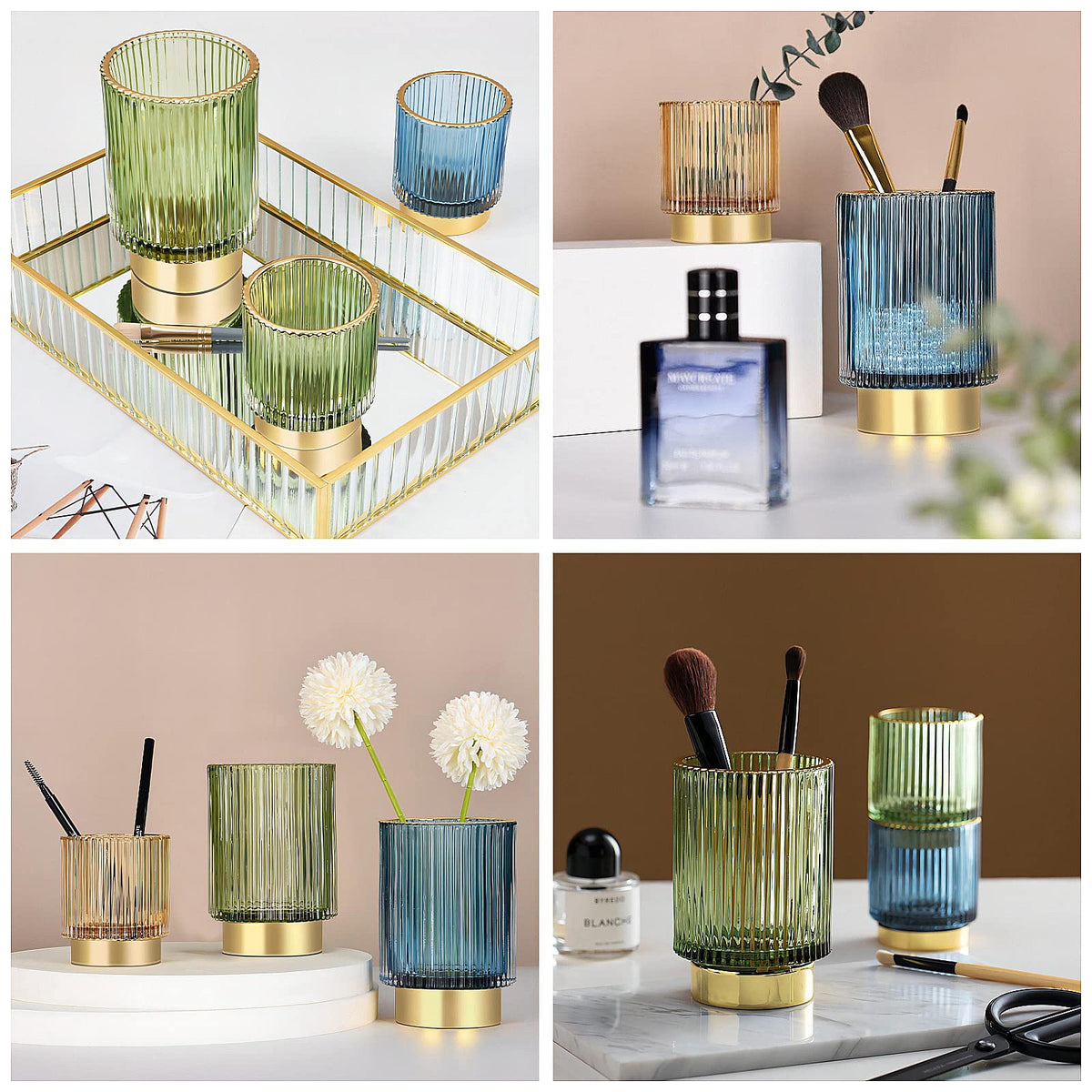 DASITON Makeup Brush holder Organizer,Crystal Cosmetic Makeup Brush Glass Brushes Storage Holder, Vintage Make Up Brush Cup Pen Pencil Holder striped vase(Coffee L)