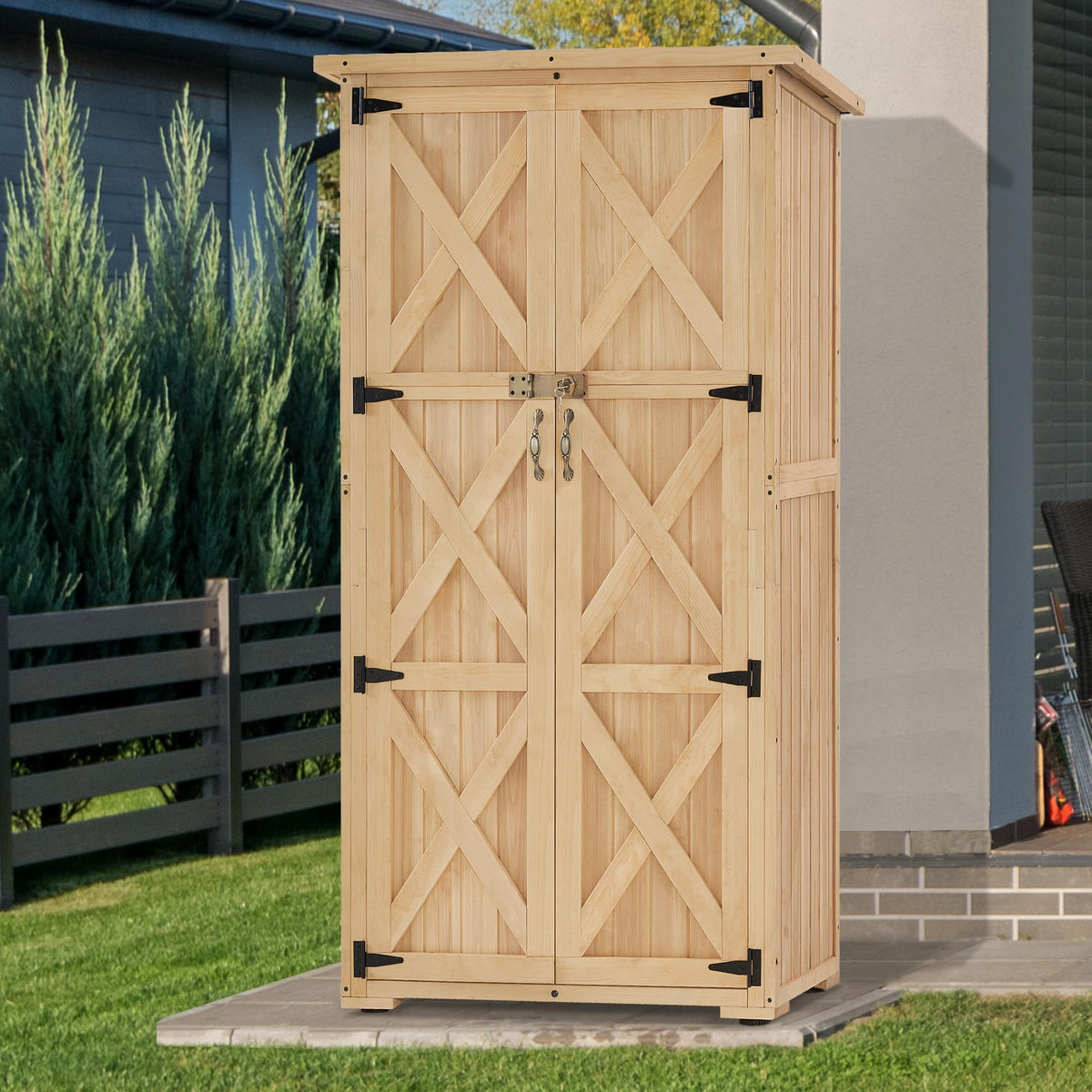 Macrout Outdoor Storage Cabinet, Wooden Storage Shed with Lock, Outside Garden Tool Shed with 2 Doors for Patio Yard Lawn, 1628 (Medium)