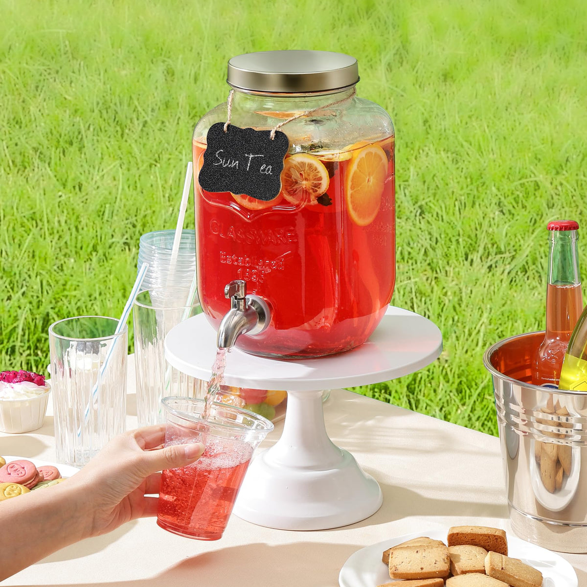 1 Gallon Drink Dispenser with Spigot 18/8 Stainless Steel – Airtight & Leakproof Glass Sun Tea Jar with Anti-Rust Lids, Beverage Dispenser for Parties - Laundry Detergent Holder