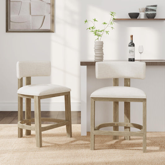 Christopher Knight Home Minso Wooden Counter Height Bar Stools Set of 2, Comfy Upholstered Barstools with Backrest/Footrest, Counter Stool for Kitchen Island/Home Bar Table, Light Ash + Beige