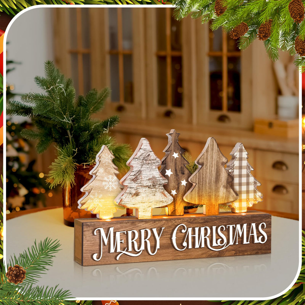 Chunful Lighted Wooden Christmas Tree Decor Rustic Christmas Tabletop Decoration Sign for Home Office Fireplace Farmhouse Xmas Party Table Centerpieces