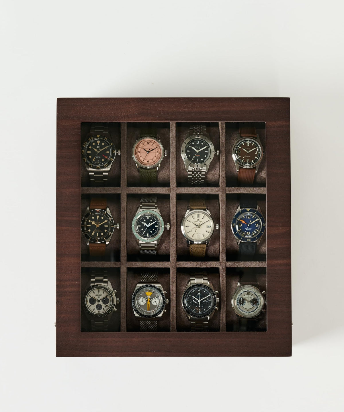 TAWBURY Wooden Watch Case - 12 Slot Wood Watch Box for Men & Women with Glass Display, Protective Fully Lined Interior and 2-inch Wide Pillows for Small & Large Watches (Dark Walnut)