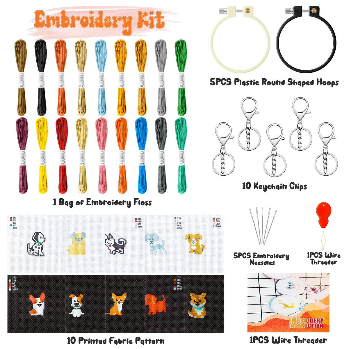 WATINC 10Pcs Embroidery Kit for Kids Stamped Cross Stitch, DIY Key Chain with Puppy Patterns Needlepoint Starter Kits, Craft Supplies for Beginners Children Adults Schoolbag Charms Ornaments