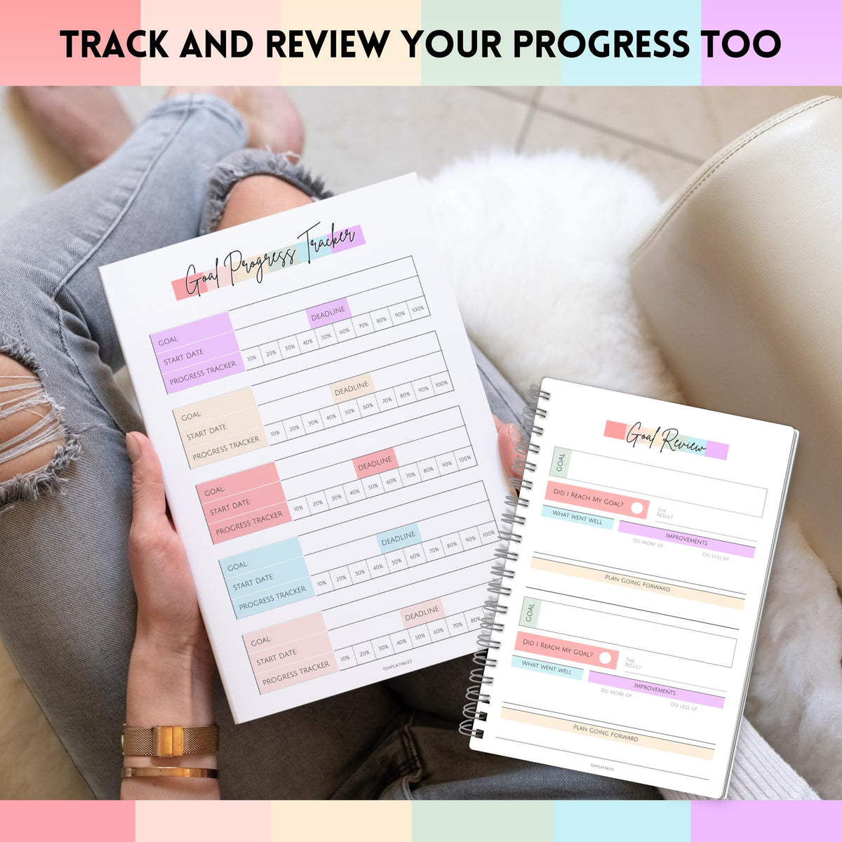 Goal Planner | SMART Goal Setting Kit for the New You, Monthly Habits, Reflections & Vision Boards | Pastel Rainbow A5