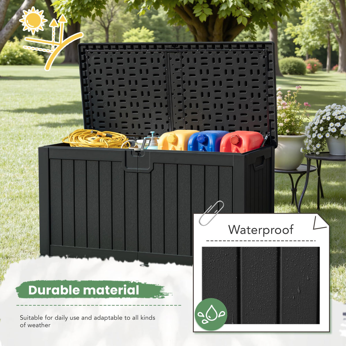 Greesum 230 Gallon HDPE Outdoor Storage Box with Removable Dividers, Weatherproof Oversized Deck Box for Patio, Garage, Garden, Black