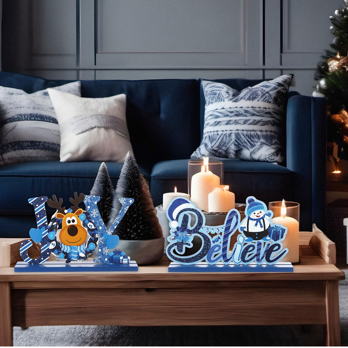 Blulu 3 Pcs Christmas Decorations Indoor Centerpieces for Tables Tabletop Wooden Signs Farmhouse Centerpieces Xmas Snowman Santa Claus Gnome Signs Merry Christmas for Xmas Holiday Party Decor(Blue)