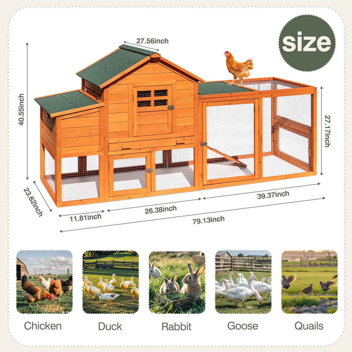 Large Wooden Chicken Coop for 4-6 Chickens, Secure Outdoor Hen House with Enclosed Run, Weather-Resistant Roof, Easy-Clean Slide-Out Tray & Nesting Boxes (Includes 2 Training Eggs)