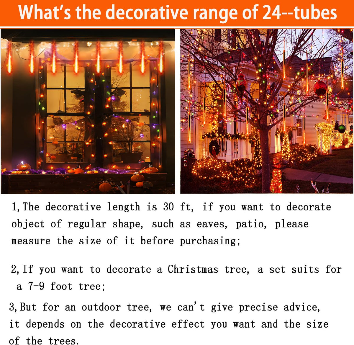 Halloween Lights, 24Tubes(Equivalent to 3 Sets of 8-Tubes) Purtuemy Meteor Shower Orange Lights Icicle String Lights for Halloween Christmas Decorations Tree Party Yard Outdoor Fall Decor, UL Plug