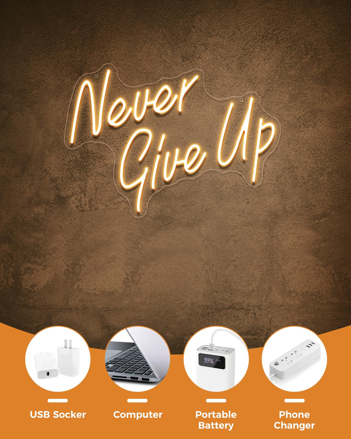 YIKBIK NEVER GIVE UP LED Neon Sign for Wall Decor,Neon Lights Party Decorations, USB Powered Switch Neon Lights lighting adjustable for Office Room, Gym Room, Man Cave, Gamer Room