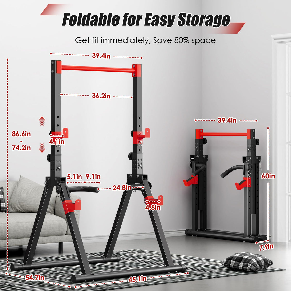 SogesPower Power Tower Pull Up Bar Station, Foldable Pull Up Dip Station Free Standing for Home Gym,Adjustable Pull Up Bar Stand Dip Bar Strength Training Workout Equipment,Triangular Design,Red