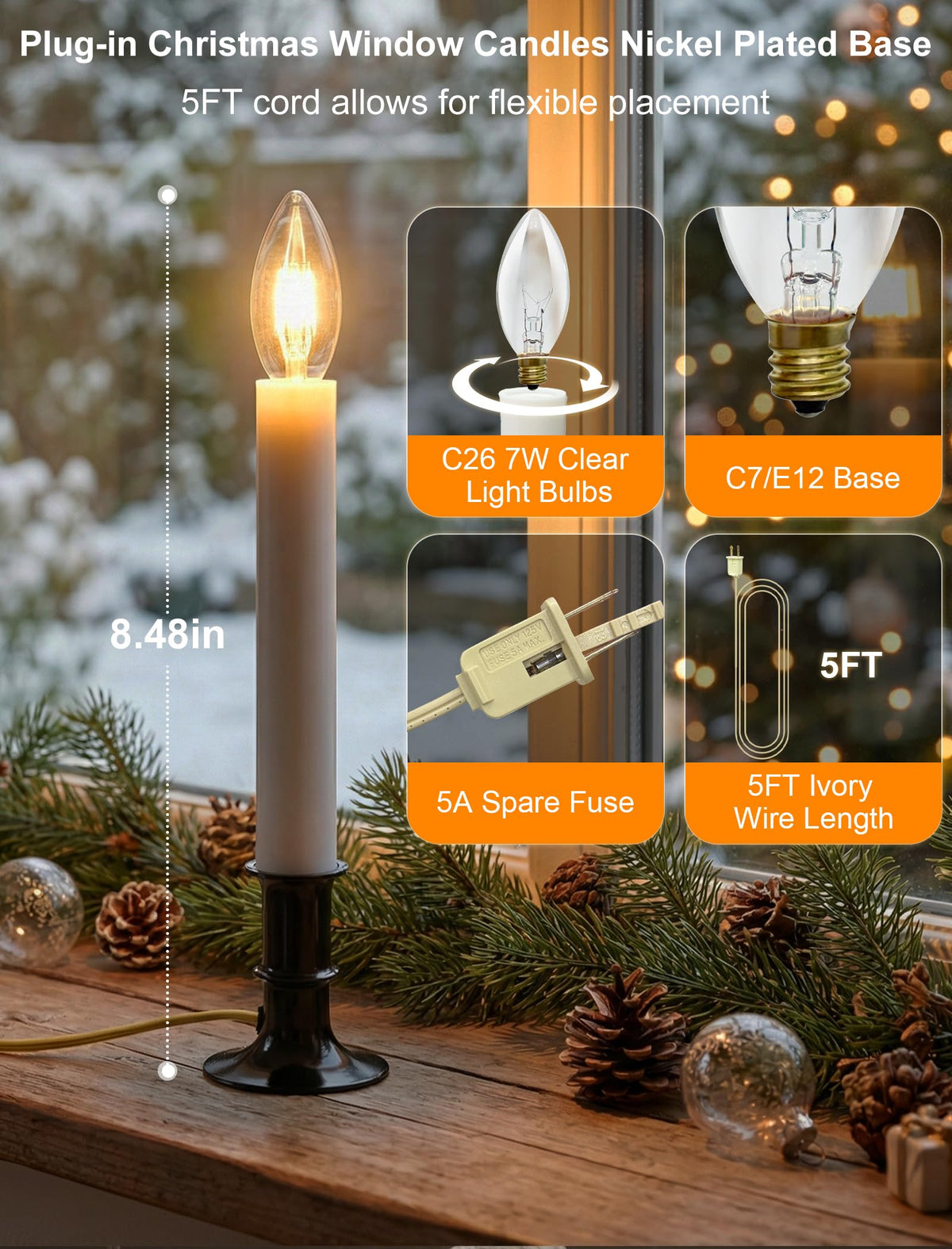 Romasaty Electric Window Candle Lamp, Christmas Window Candles Lights with Nickel Plated Base and C26 Light Bulb, Plug in Candles Lamps for Christmas Home Table Decor- 4 Pack