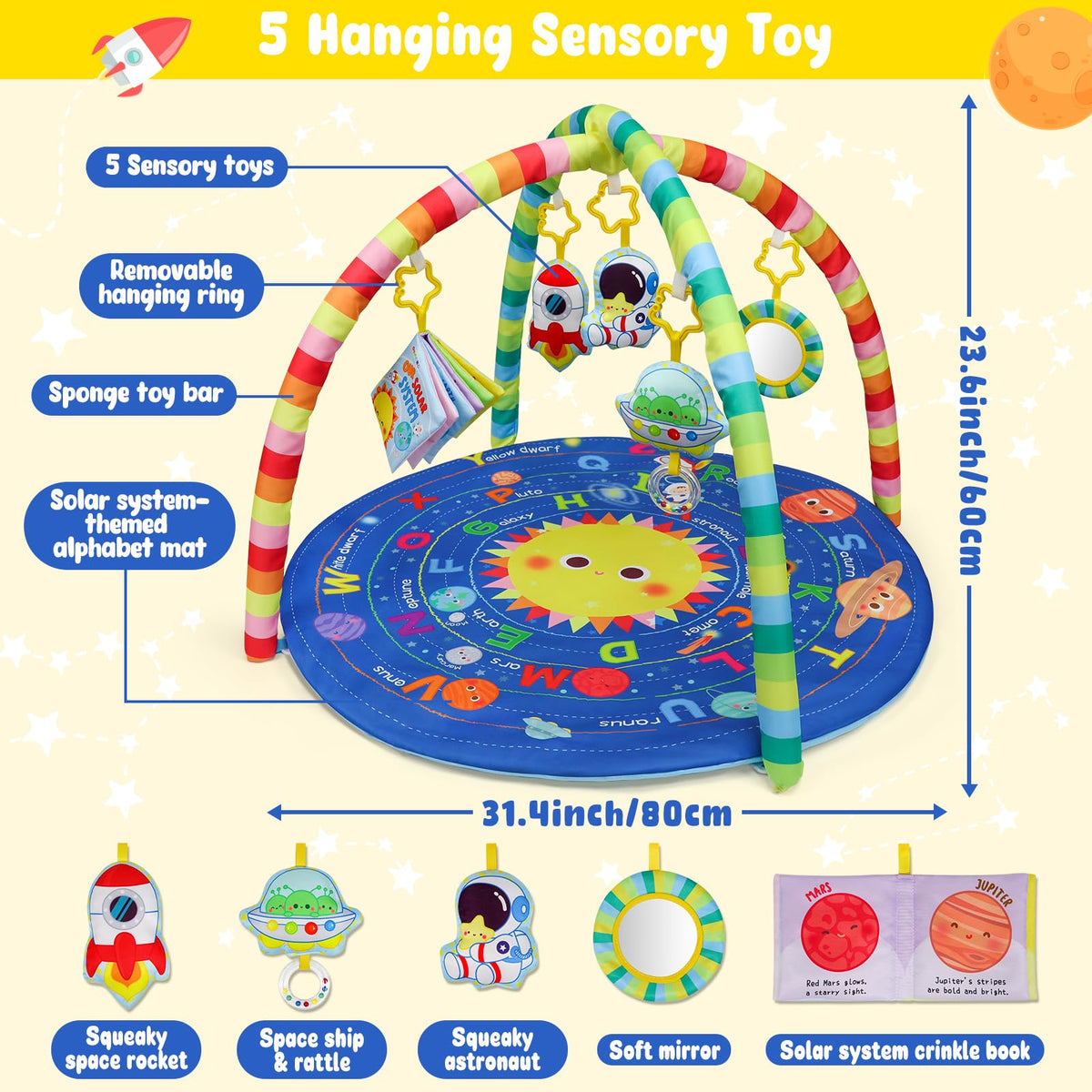 OKOOKO Baby Play Mat, Activity Baby Play Gym with Arch, Solor System Playmats & Floor Gyms, Alphabet Mat, Detachable Mirror, Thick Non Toxic Playmats for 0+