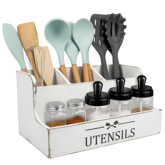 RedCall Extra Large Kitchen Utensils Holder 4 Compartments,Wood Utensil Organizer for Kitchen Countertop,Farmhouse Cooking Utensil Holder with Spice Storage space (Antique)