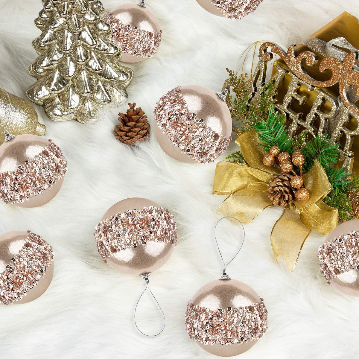 ZHANYIGY 4pc Champagne Gold Christmas Ball Ornaments, 4pc Set Red Shatterproof Christmas Decorations Tree Balls for Xmas Trees Wedding Party Holiday Decorations