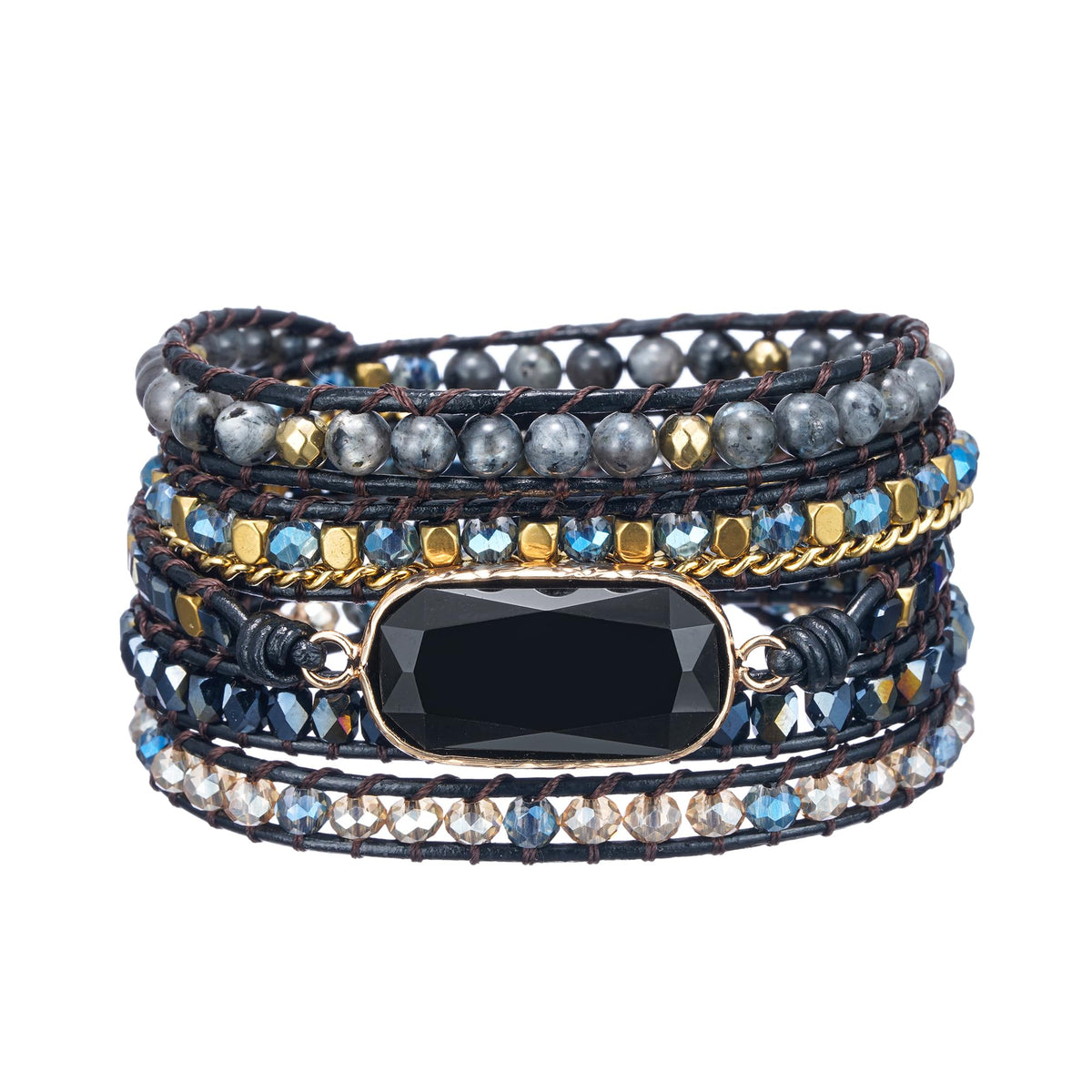 Plumiss Black Onyx Wrap Bracelet for Women Men, Handmade Leather Beaded Bracelet with Natural Black Onyx Crystals, Bohemian Gemstone Statement Bracelet Adjustable Boho Jewelry Gift